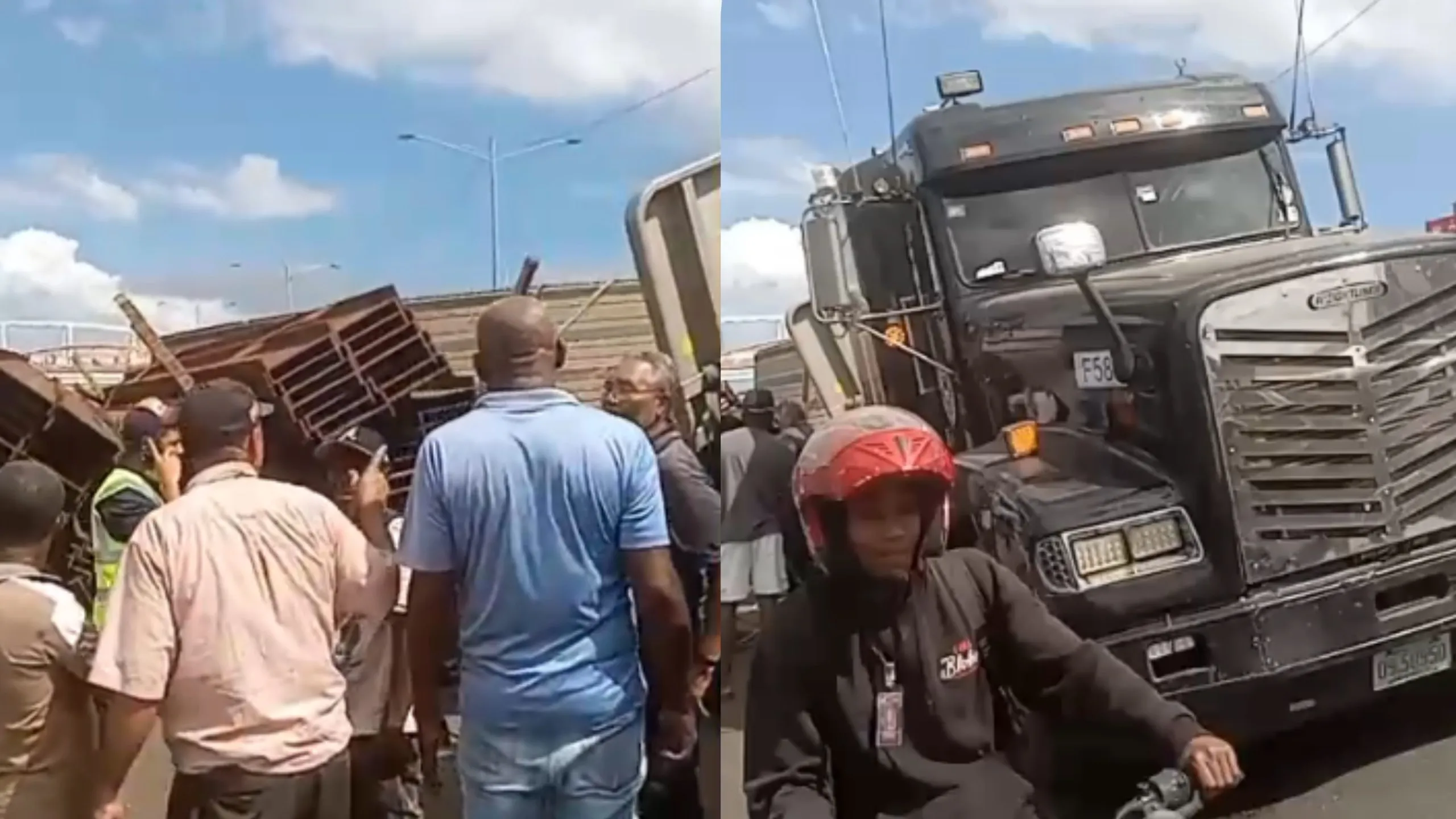 Vuelco de patana con vigas de acero provoca caos vial en el kilómetro 9 de la autopista Duarte